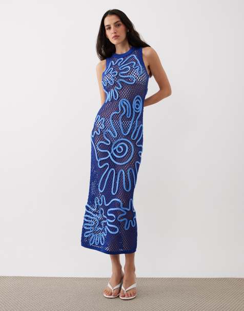 ASOS DESIGN – Niebieska ażurowa sukienka maxi ze wzorem cornelli - view 1