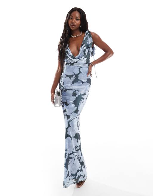 ASOS DESIGN – Niebieska błyszcząca sukienka maxi z głębokim drapowanym dekoltem i wiązaniem w kwiatowy wzór