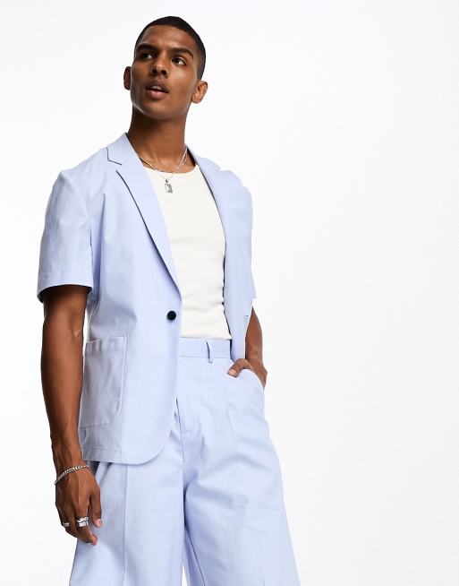 ASOS DESIGN – Niebieska dopasowana marynarka garniturowa z krótkimi rękawami z domieszką lnu