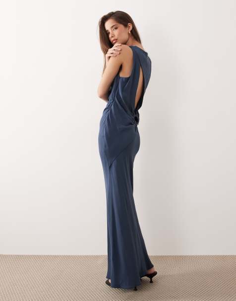 ASOS DESIGN draped open back trim detail linen look maxi dress in deep blue