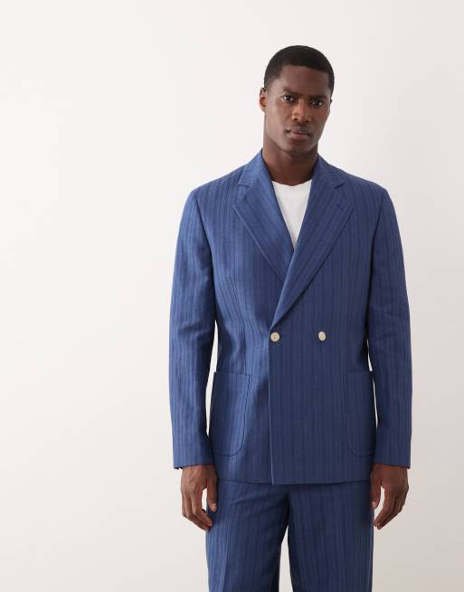 ASOS DESIGN – Niebieski zwężany garnitur oversize z mieszanki lnu w paski, 2 z 3