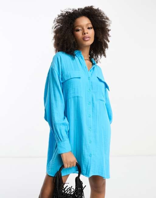 ASOS DESIGN – Niebieska, dwuwarstwowa sukienka koszulowa mini o fasonie oversize