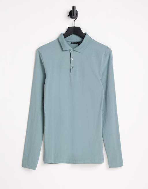ASOS DESIGN – Niebieska dżersejowa koszulka polo o kroju podkreślającym sylwetkę z długimi rękawami