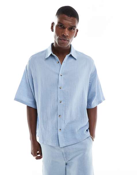 ASOS DESIGN cheesecloth textured regular shirt in blue