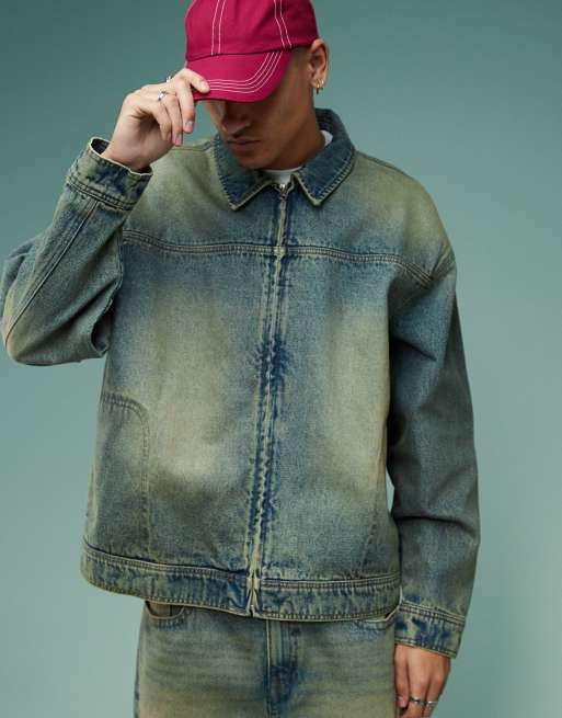ASOS DESIGN – Niebieska jeansowa kurtka Harrington z efektem przebarwienia, część zestawu