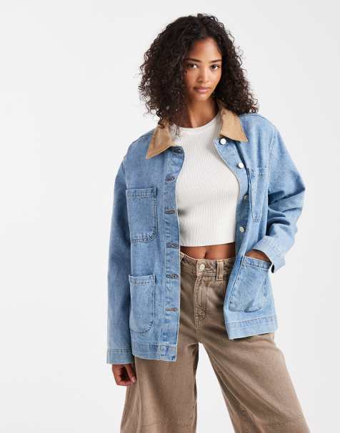 ASOS DESIGN denim barn jacket with contrast collar in midwash blue