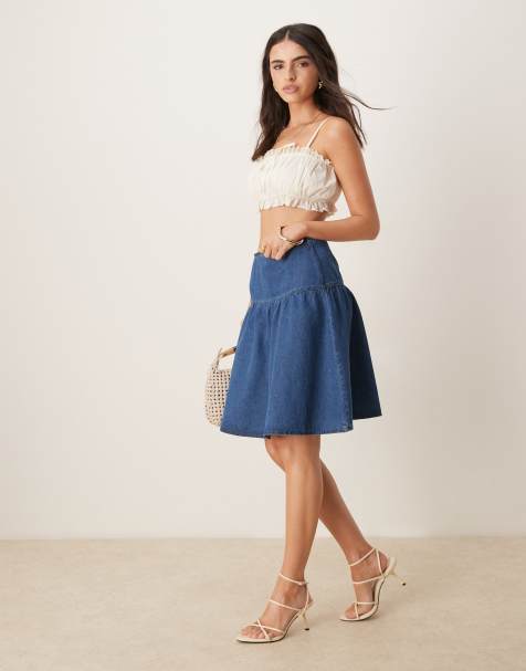 ASOS DESIGN awkward length drop waist denim skirt in mid blue