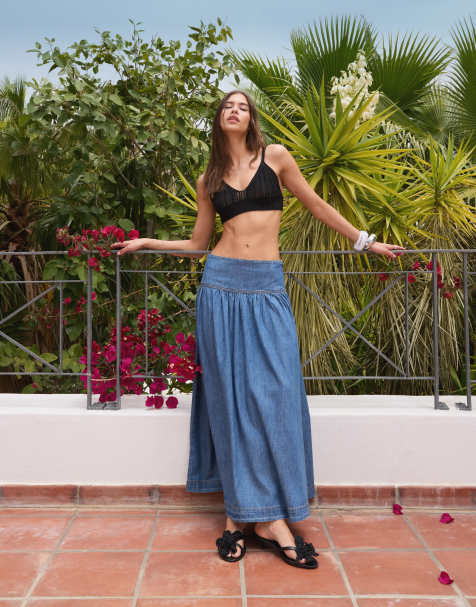 ASOS DESIGN denim drop waist maxi skirt with linen in midwash blue