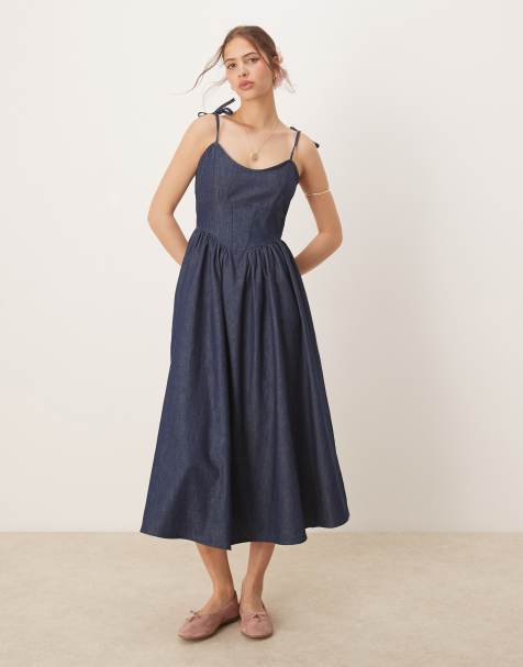ASOS DESIGN denim ballerina midi dress in rinse