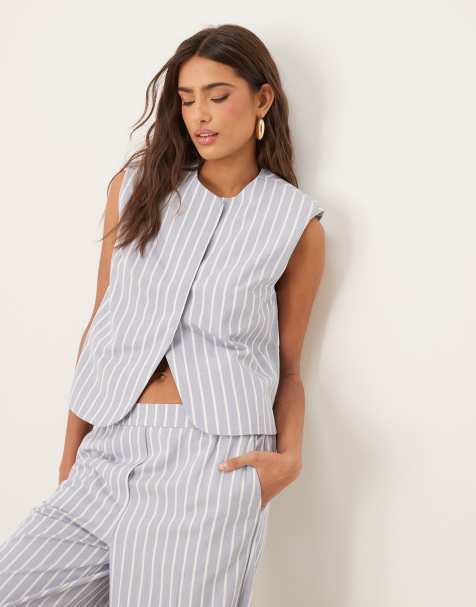 ASOS DESIGN boxy cutaway waistcoat with linen co-ord in blue and white stripe 