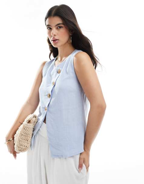 ASOS DESIGN linen look asymmetric button front waistcoat in blue