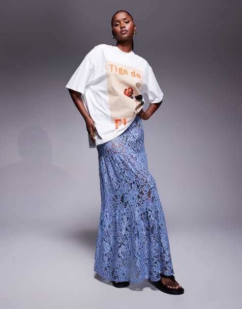ASOS DESIGN tiered lace maxi skirt in blue