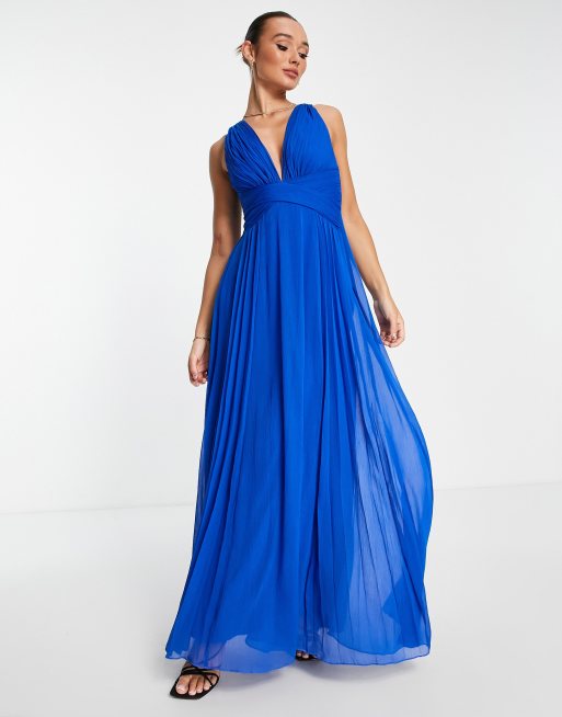 ASOS DESIGN – Niebieska koktajlowa sukienka maxi z drapowaną, marszczoną górą i kopertowym krojem w talii