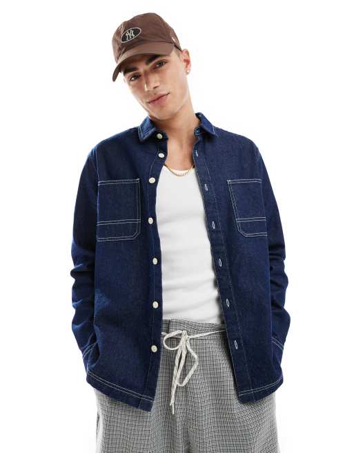 ASOS DESIGN – Niebieska koszula jeansowa o luźnym kroju z ozdobnymi szwami i efektem sprania 