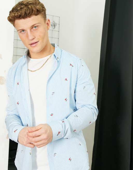 ASOS DESIGN – Niebieska koszula o dopasowanym kroju w białe paski i drobny kwiatowy wzór