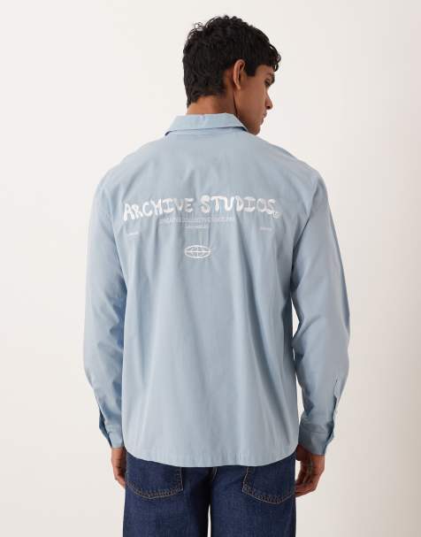ASOS DESIGN relaxed shirt with chest and back embroidery in blue