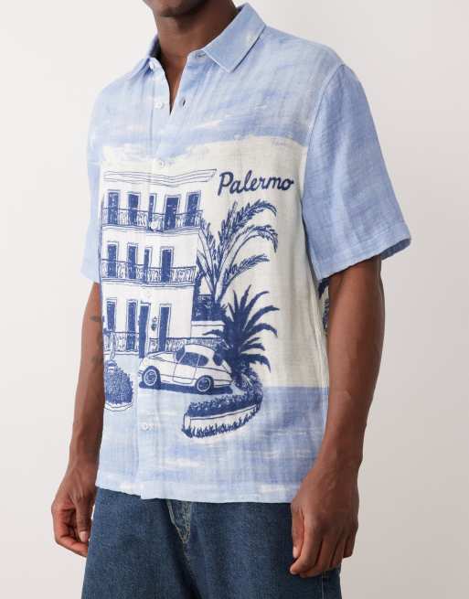 ASOS DESIGN – Niebieska koszula o luźnym kroju z plażowym nadrukiem, 3 z 5