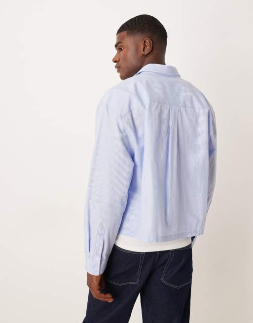 ASOS DESIGN – Niebieska koszula o pudełkowym kroju oversize w prążki z nadrukiem tekstowym, 3 z 5