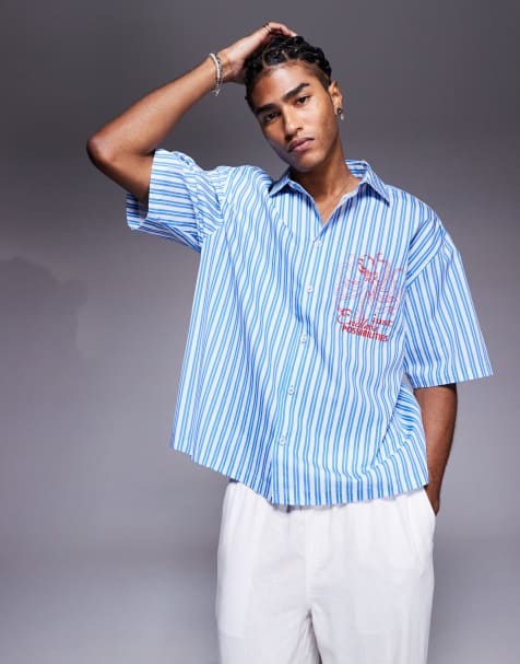 ASOS DESIGN boxy oversized stripe shirt with chest embroidery in blue