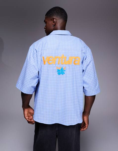 ASOS DESIGN oversized shirt in blue check with back embroidery