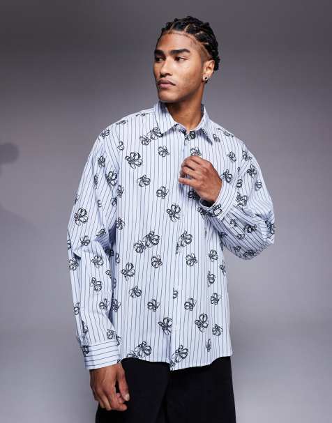 ASOS DESIGN – Niebieska koszula oversize w paski z kwiatowym wzorem - view 1