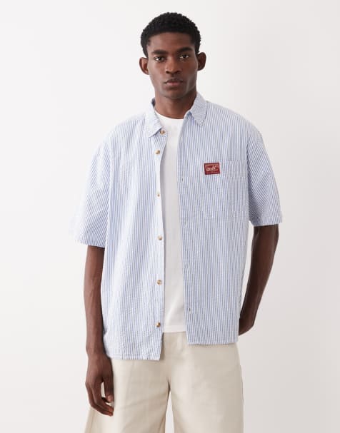 ASOS DESIGN – Niebieska koszula oversize w paski z naszywką - view 1