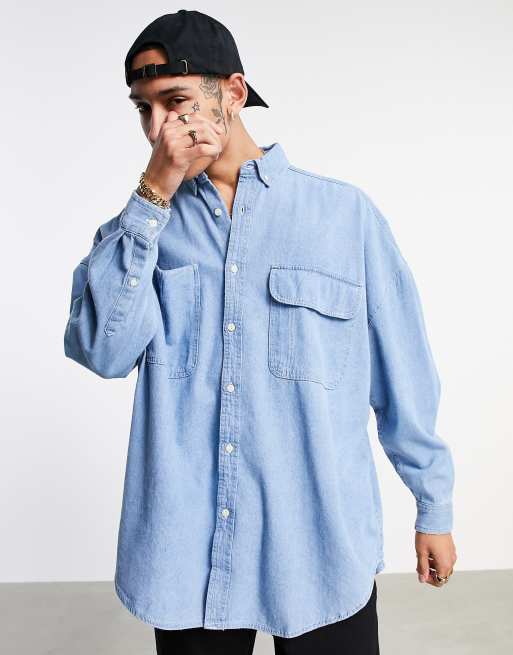 ASOS DESIGN – Niebieska koszula oversize z denimu z efektem sprania w stylu vintage