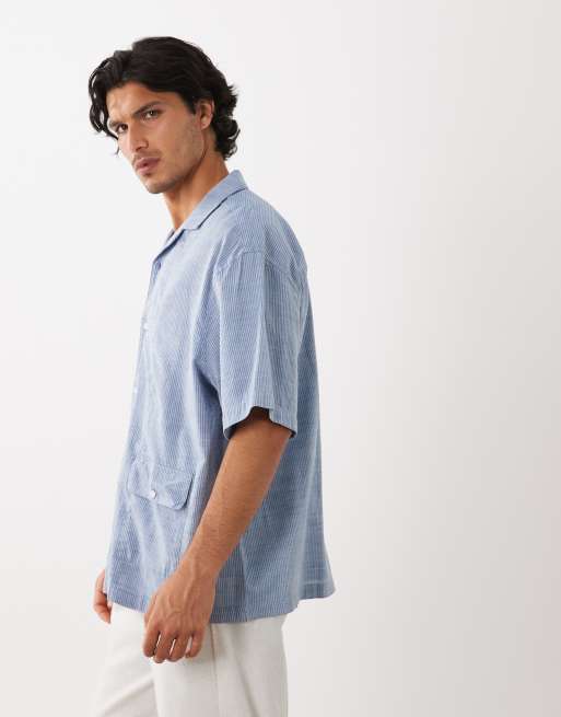 ASOS DESIGN – Niebieska koszula oversize z kołnierzykiem kubańskim w paski, 4 z 5