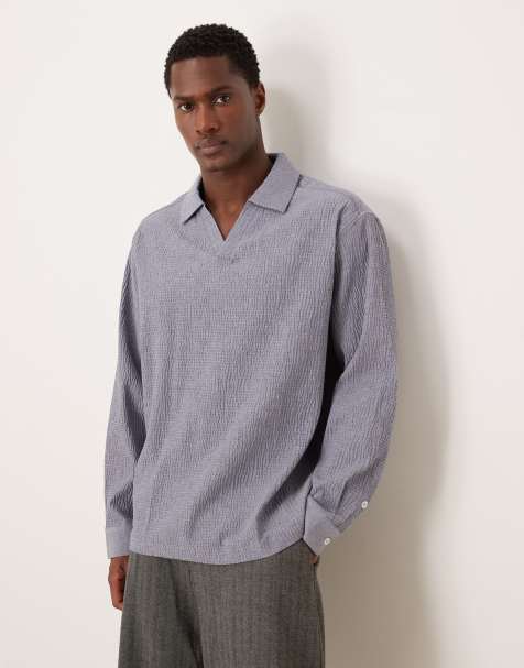 ASOS DESIGN oversized seersucker shirt with back neck embroidery in blue