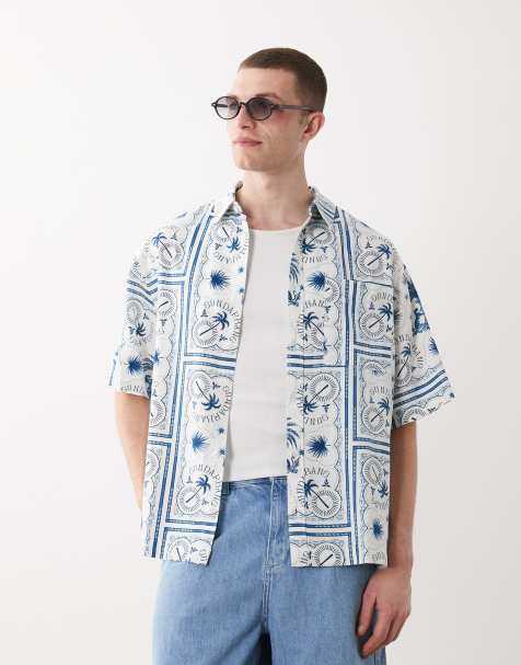 ASOS DESIGN – Niebieska koszula oversize z mieszanki lnu w kafelkowy wzór - view 1