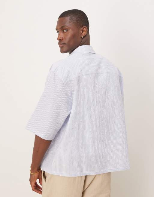 ASOS DESIGN – Niebieska koszula oversize z rękawami do łokci z kory w prążki, 3 z 4