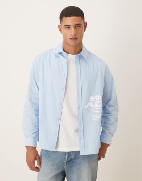 ASOS DESIGN relaxed poplin shirt with square collar and print in blue