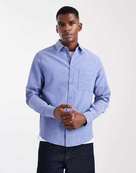 ASOS DESIGN regular fit seersucker shirt in blue