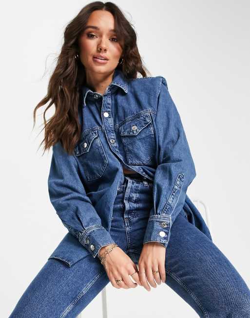 ASOS DESIGN – Niebieska koszula z miękkiego denimu z poduszkami na ramionach – część zestawu