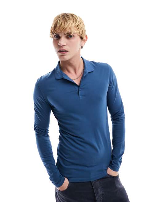 ASOS DESIGN – Niebieska koszulka polo o kroju podkreślającym sylwetkę z długimi rękawami
