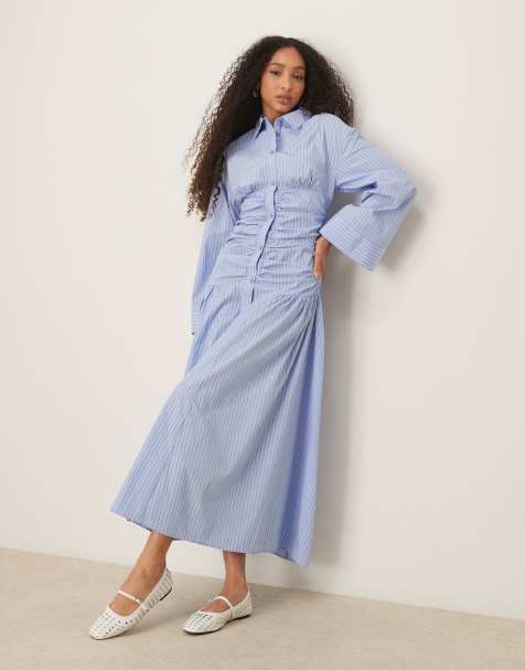 ASOS DESIGN – Niebieska koszulowa sukienka maxi z marszczoną górą, obniżoną talią i wzorem w niebieskie paski - view 1