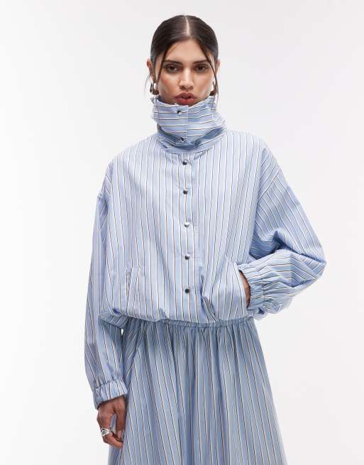 ASOS DESIGN – Niebieska kurtka koszulowa w paski zapinana na guziki z wysokim kołnierzem