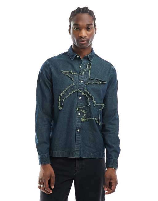ASOS DESIGN – Niebieska luźna koszula jeansowa z postrzępioną gwiazdką 