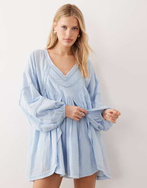 ASOS DESIGN – Niebieska luźna sukienka mini z dekoltem w szpic i efektem sprania - view 1