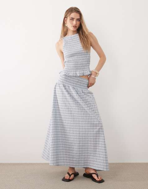 ASOS DESIGN – Niebieska marszczona w talii spódnica maxi w kratę, część zestawu - view 1