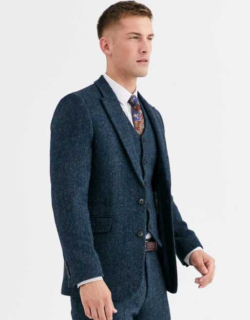 ASOS DESIGN – Niebieski dopasowany garnitur w jodełkę z tweedu Harris ze 100% wełny, 2 z 4