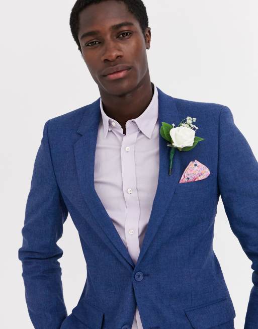 ASOS DESIGN Wedding – Niebieskie obcisły garnitur z mieszanki bawełny i lnu, 2 z 3