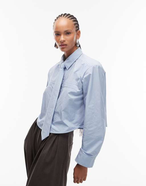 ASOS DESIGN – Niebieska nylonowa koszula o krótkim fasonie i pudełkowym kroju z krawatem