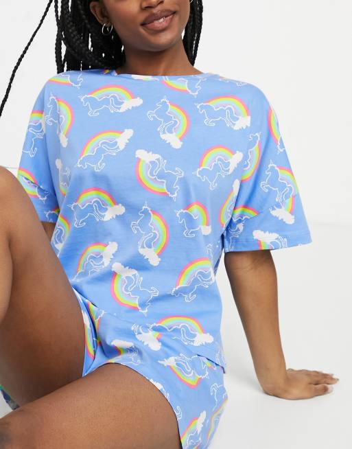 ASOS DESIGN – Niebieska piżama składająca się z koszulki i szortów z tęczą i jednorożcem