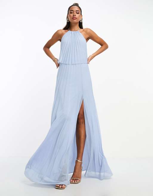 ASOS DESIGN – Niebieska plisowana sukienka maxi z narzutką typu halter, 3 z 4