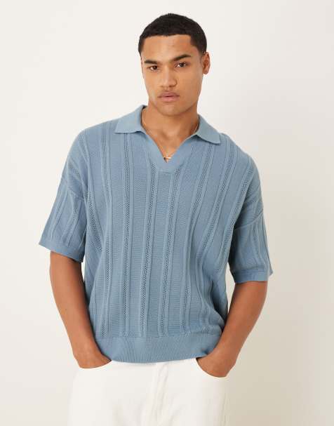 ASOS DESIGN – Niebieska prążkowana koszulka dzianinowa polo oversize z wycięciem w dekolcie - view 1