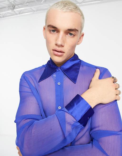 ASOS DESIGN – Niebieska prześwitująca koszula o regularnym kroju z kołnierzem w stylu lat 70.