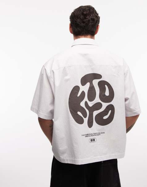 ASOS DESIGN – Niebieska pudełkowa koszula oversize w paski z nadrukiem z motywem Kyoto - view 1