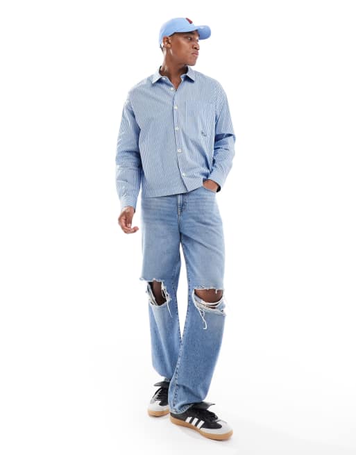ASOS DESIGN – Niebieska pudełkowa koszula oversize w prążki z haftowanym napisem , 4 z 4