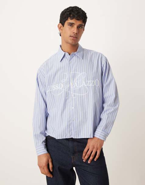 ASOS DESIGN boxy oversized striped shirt with embroidery in blue